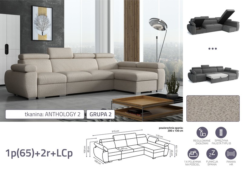 Stūra dīvāns izvelkams Aston 1p(65)+2r+LCp