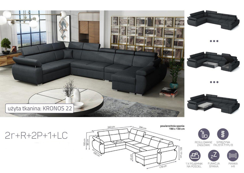 Extendable corner sofa bed Aston 2r+R+2p+1+LC