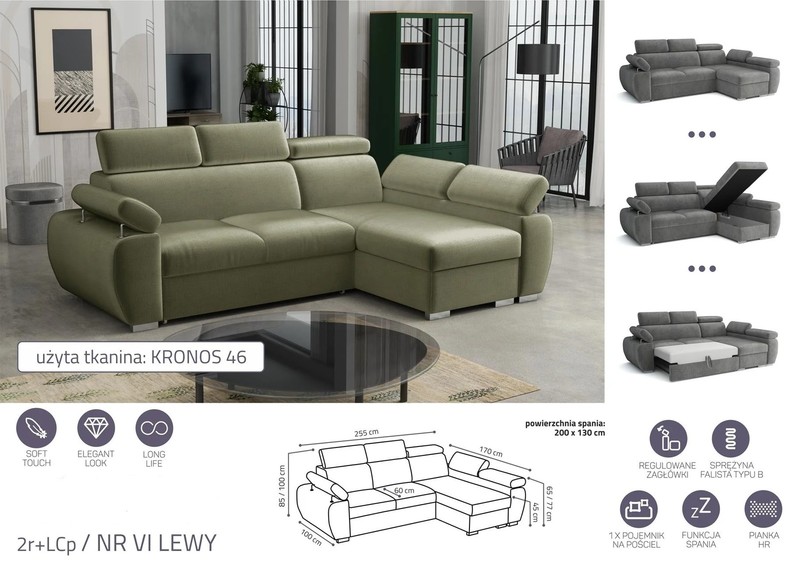 Extendable corner sofa bed Aston 2R+LCp