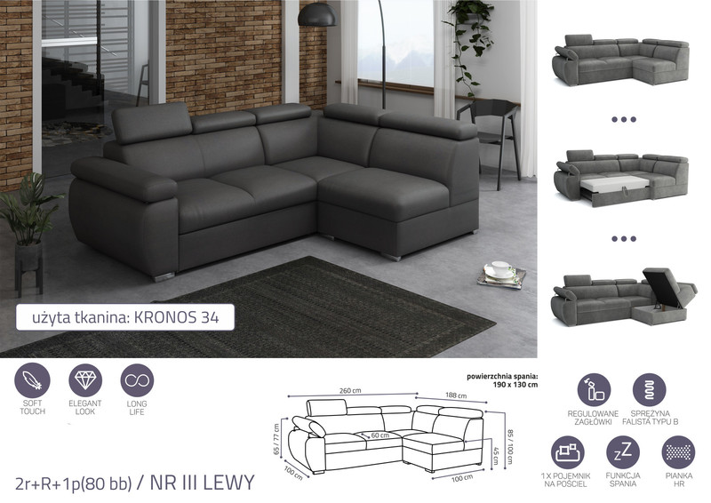 Stūra dīvāns izvelkams Aston 2r+R+1p(80 bb)