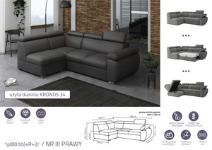 Extendable corner sofa bed Aston 1p(80 bb)+R+2r