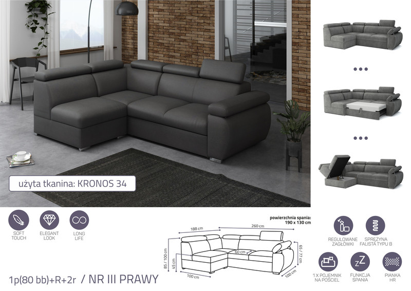 Extendable corner sofa bed Aston 1p(80 bb)+R+2r