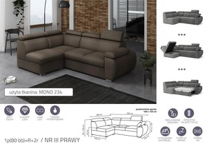 Extendable corner sofa bed Aston 1p(80 bb)+R+2r