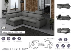 Extendable corner sofa bed Aston 1p(80 bb)+R+2r
