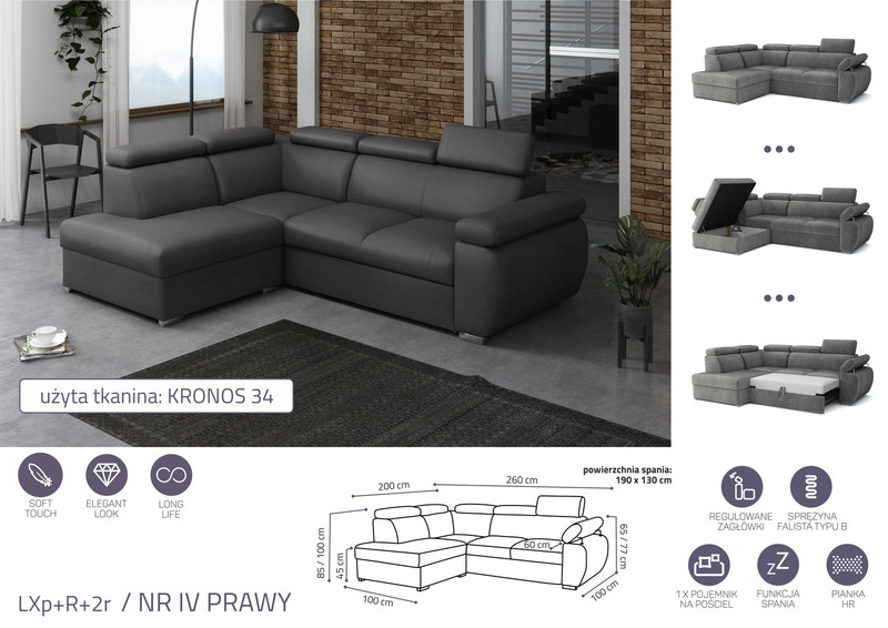 Extendable corner sofa bed Aston LXp+R+2r