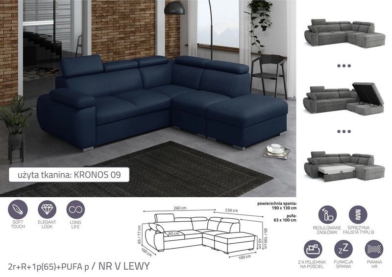 Stūra dīvāns izvelkams Aston 2r+R+1p(65)+PUFA p