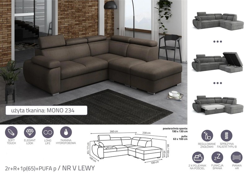 Stūra dīvāns izvelkams Aston 2r+R+1p(65)+PUFA p