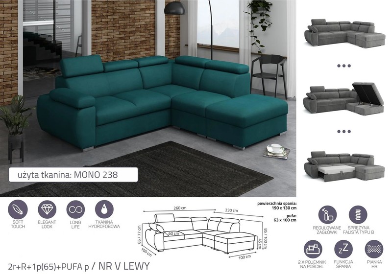 Stūra dīvāns izvelkams Aston 2r+R+1p(65)+PUFA p