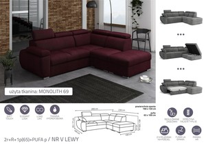 Stūra dīvāns izvelkams Aston 2r+R+1p(65)+PUFA p