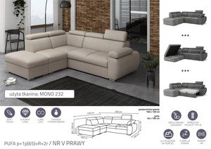 Extendable corner sofa bed Aston PUFA p+1p(65)+R+2r