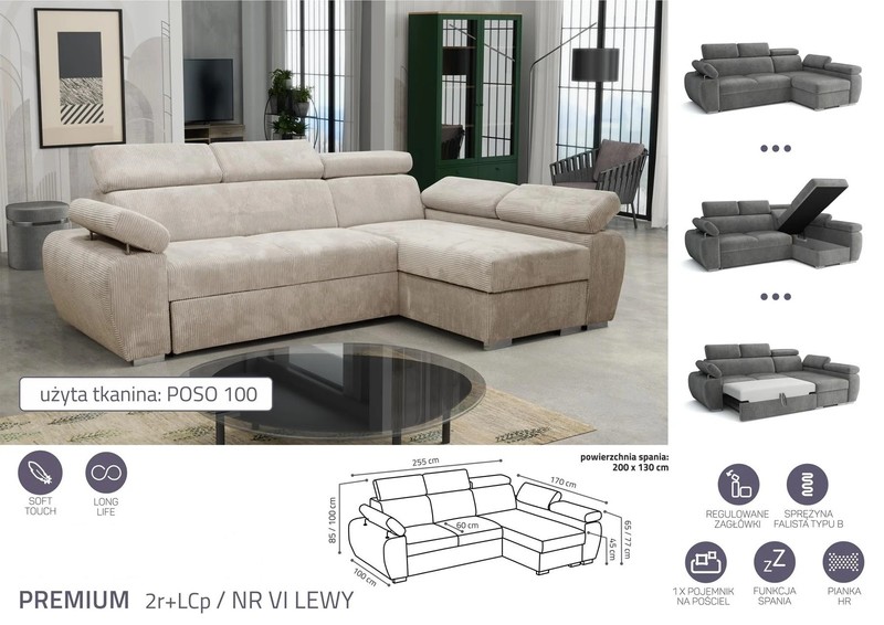 Stūra dīvāns izvelkams Aston Premium 2r+LCp