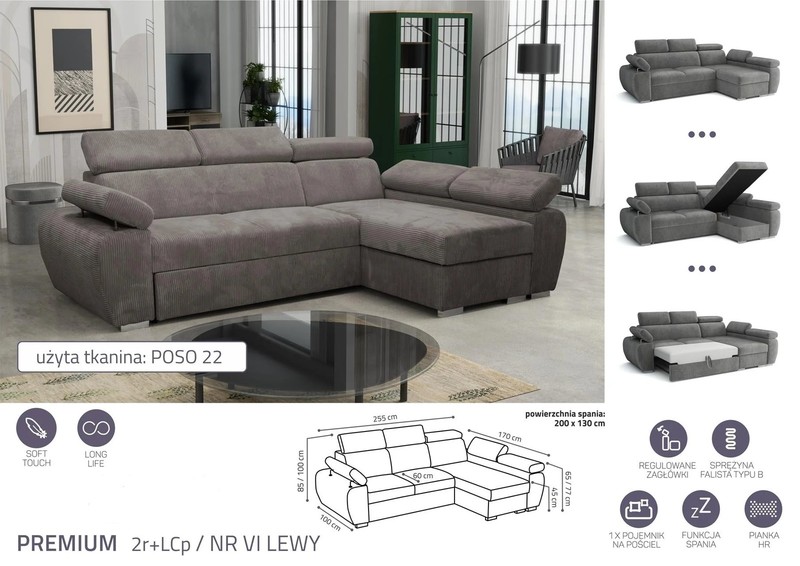 Stūra dīvāns izvelkams Aston Premium 2r+LCp