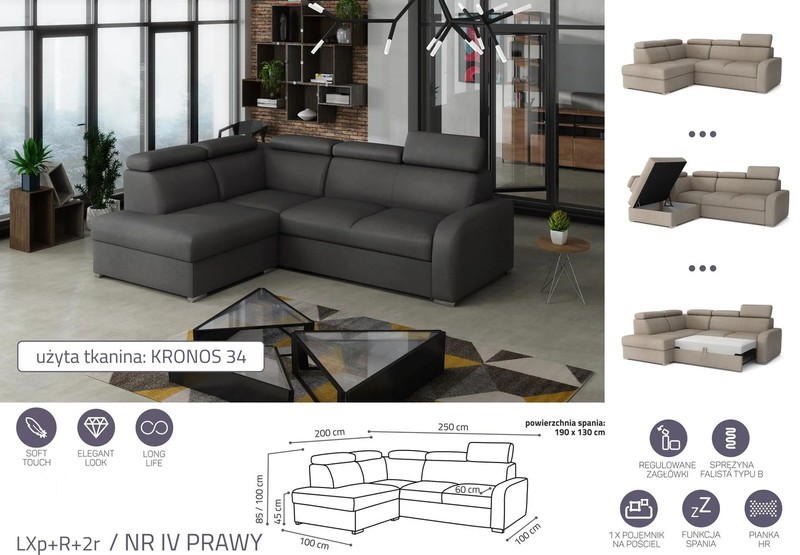 Extendable corner sofa bed Dave LXp+R+2r