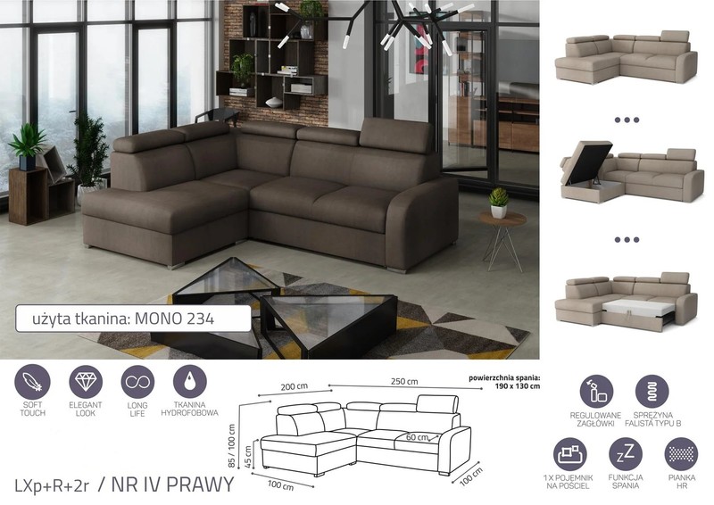 Extendable corner sofa bed Dave LXp+R+2r