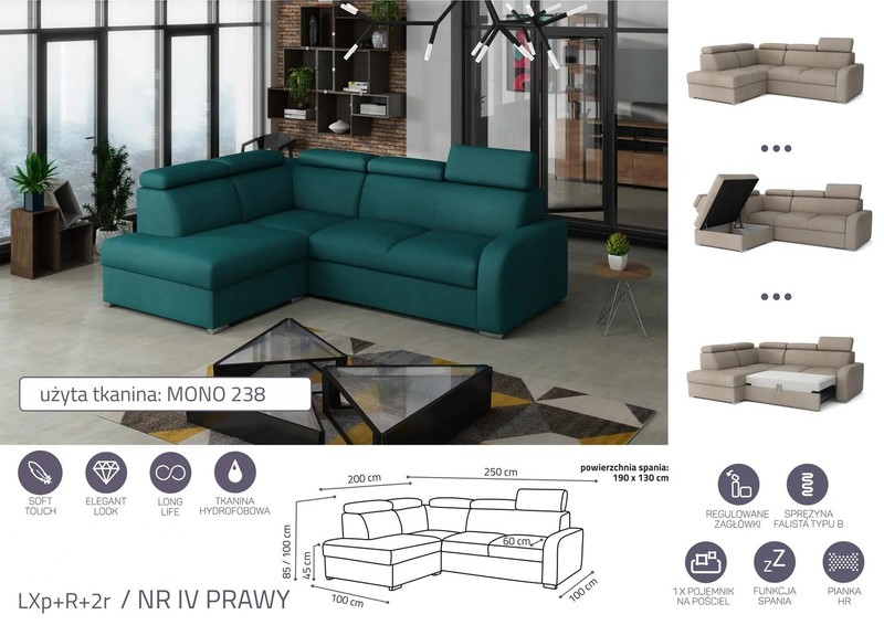 Extendable corner sofa bed Dave LXp+R+2r