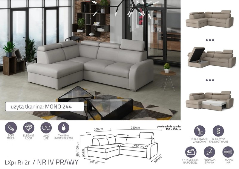 Extendable corner sofa bed Dave LXp+R+2r