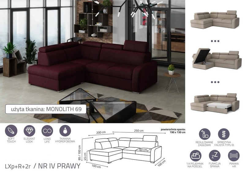 Extendable corner sofa bed Dave LXp+R+2r