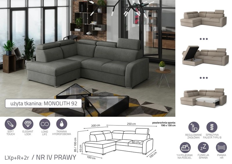 Extendable corner sofa bed Dave LXp+R+2r