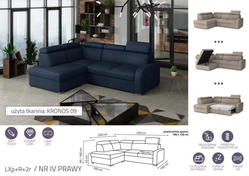 Extendable corner sofa bed Dave LXp+R+2r