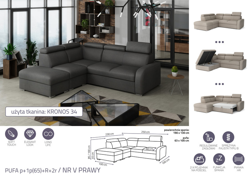 Extendable corner sofa bed Dave PUFA p+1p(65)+R+2r