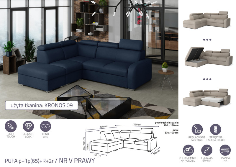 Extendable corner sofa bed Dave PUFA p+1p(65)+R+2r