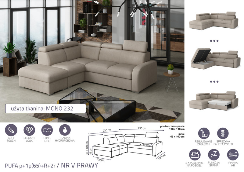 Extendable corner sofa bed Dave PUFA p+1p(65)+R+2r