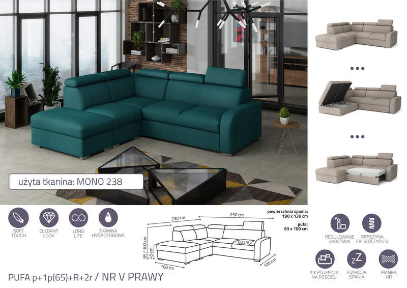 Extendable corner sofa bed Dave PUFA p+1p(65)+R+2r