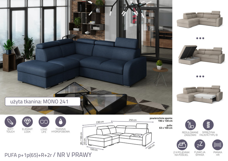Extendable corner sofa bed Dave PUFA p+1p(65)+R+2r