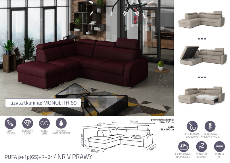 Extendable corner sofa bed Dave PUFA p+1p(65)+R+2r