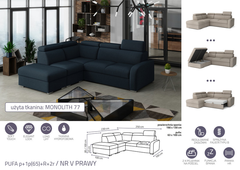 Extendable corner sofa bed Dave PUFA p+1p(65)+R+2r