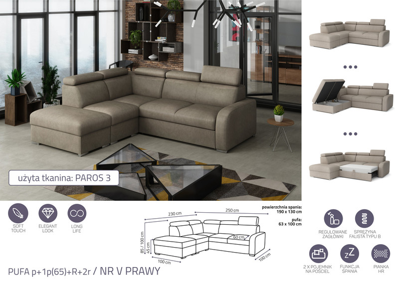 Extendable corner sofa bed Dave PUFA p+1p(65)+R+2r