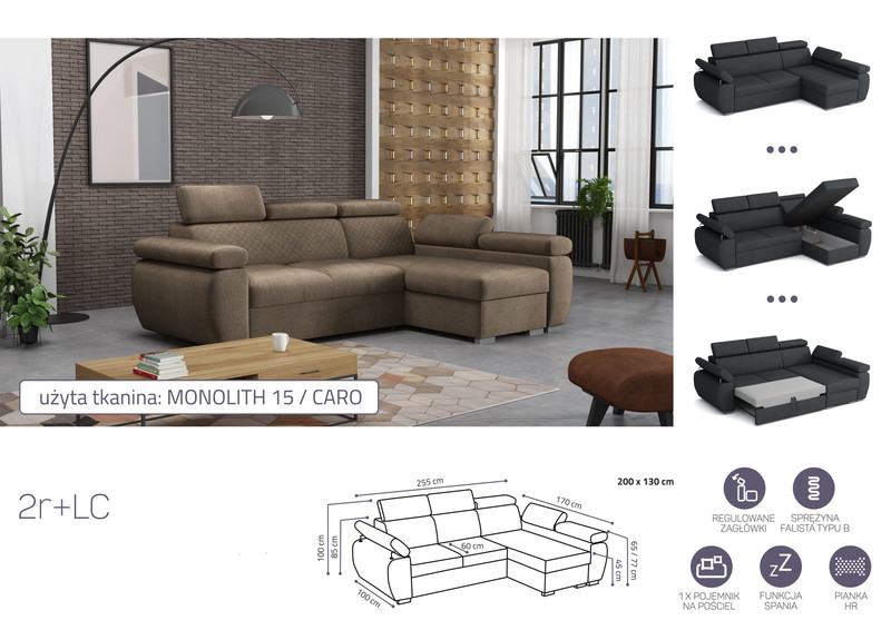 Extendable corner sofa bed Aston 2r+LC caro