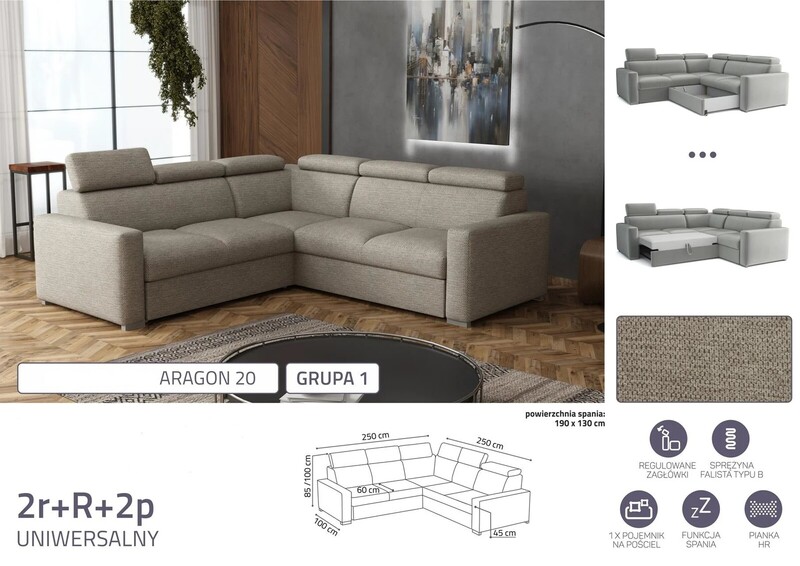 Stūra dīvāns izvelkams Pino 2r+R+2p